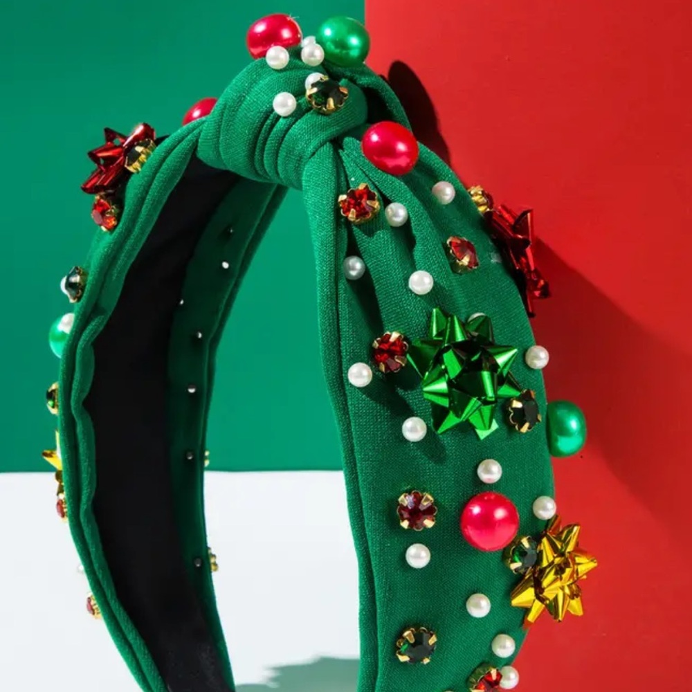 Green Christmas Knotted Rhinestone Headband for Women